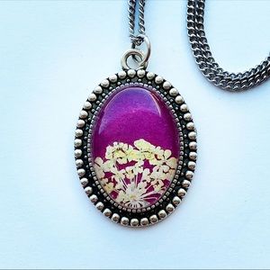 Handmade Pressed Flower Necklace in Magenta